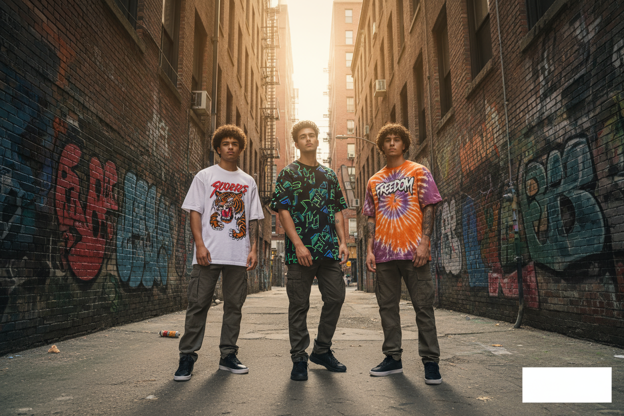 A bold urban streetwear fashion banner, featuring diverse young male models in trendy oversized T-SHIRTS. The models stand confidently along a graffiti-covered alley, with sunlight filtering through city buildings. The mood is energetic and expressive, realistic editorial photography style, sharp focus, natural colors, dynamic composition, minimal text space, 3645x2048 aspect ratio, perfect for Shopify homepage banner.