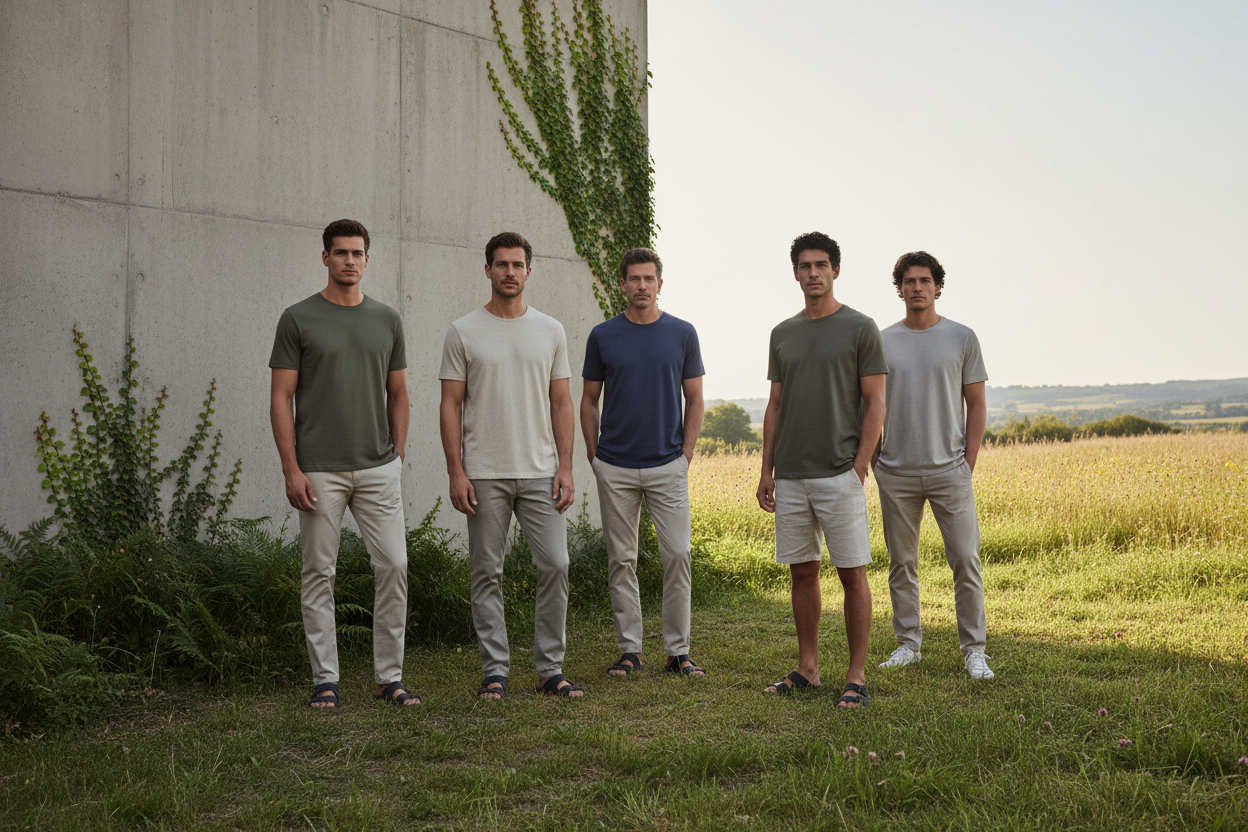 A modern outdoor fashion banner featuring diverse men models in minimalist casual t-shirts, standing in an open field or by a modern concrete wall surrounded by greenery. The lighting is soft and diffused, evoking a calm, clean, and eco-modern aesthetic. High-resolution editorial photo style, balanced composition, space for overlay text, natural colors, 3645x2048 aspect ratio, perfect for Shopify homepage banner.